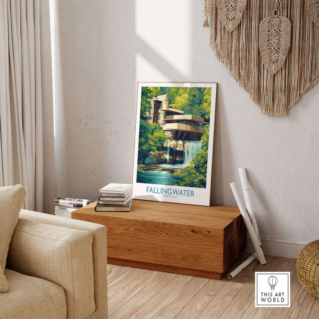 Fallingwater Frank Lloyd Wright Art Print | Pennsylvania Architecture Poster displayed in a stylish interior setting.