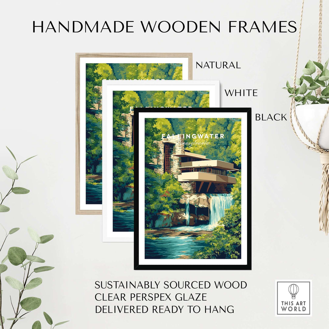 Fallingwater Mid-Century Modern House Print | Iconic Waterfall Poster with handmade wooden frames in natural, white, and black.