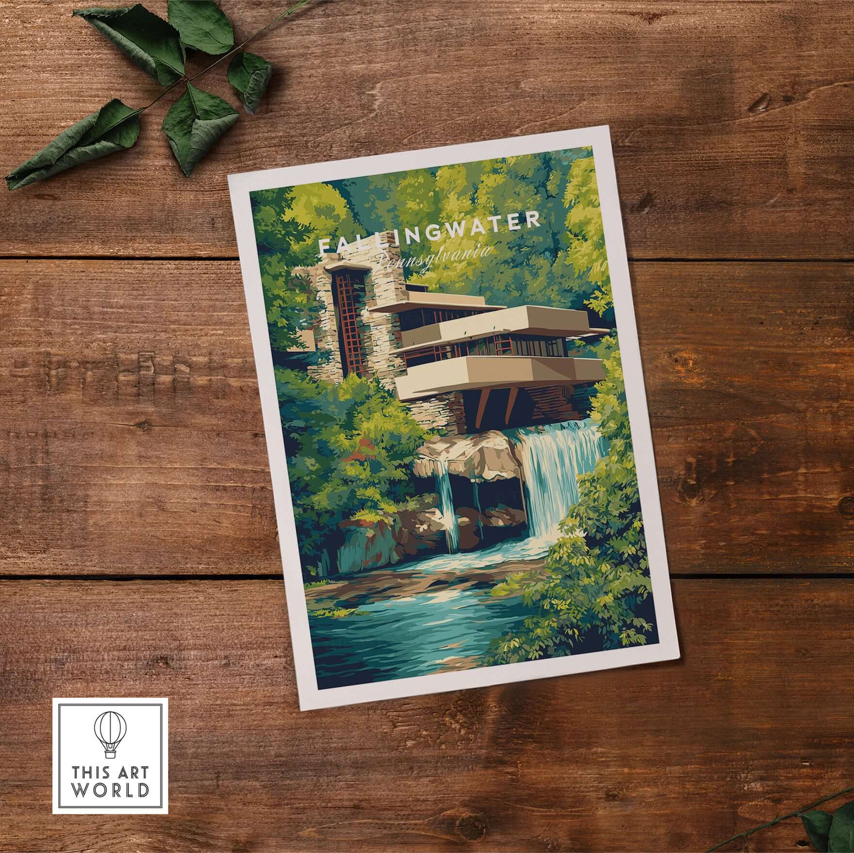 Fallingwater Mid-Century Modern House Print | Iconic Waterfall Poster featuring a beautiful architectural design.