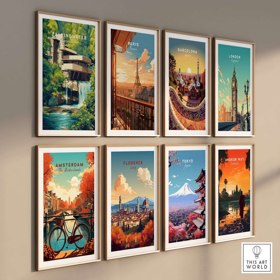 Fallingwater Mid-Century Modern House Print | Iconic Waterfall Poster displayed among various city-themed prints on a wall.