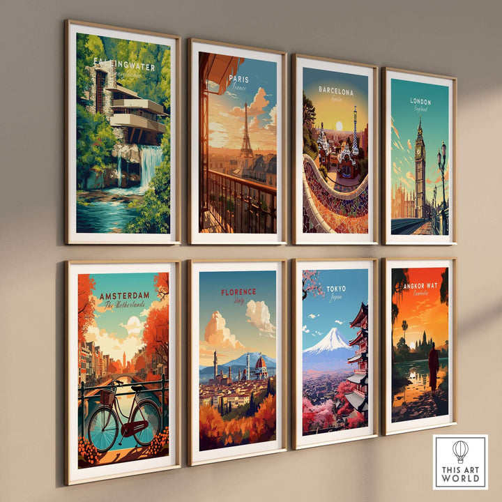 Fallingwater Mid-Century Modern House Print | Iconic Waterfall Poster displayed among various city-themed prints on a wall.
