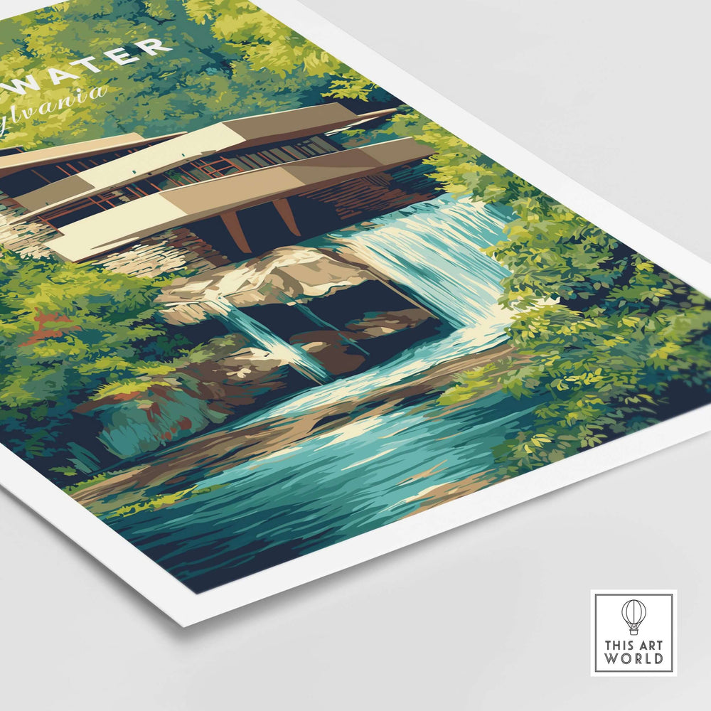 Fallingwater Mid-Century Modern House Print | Iconic Waterfall Poster featuring a waterfall and lush greenery.