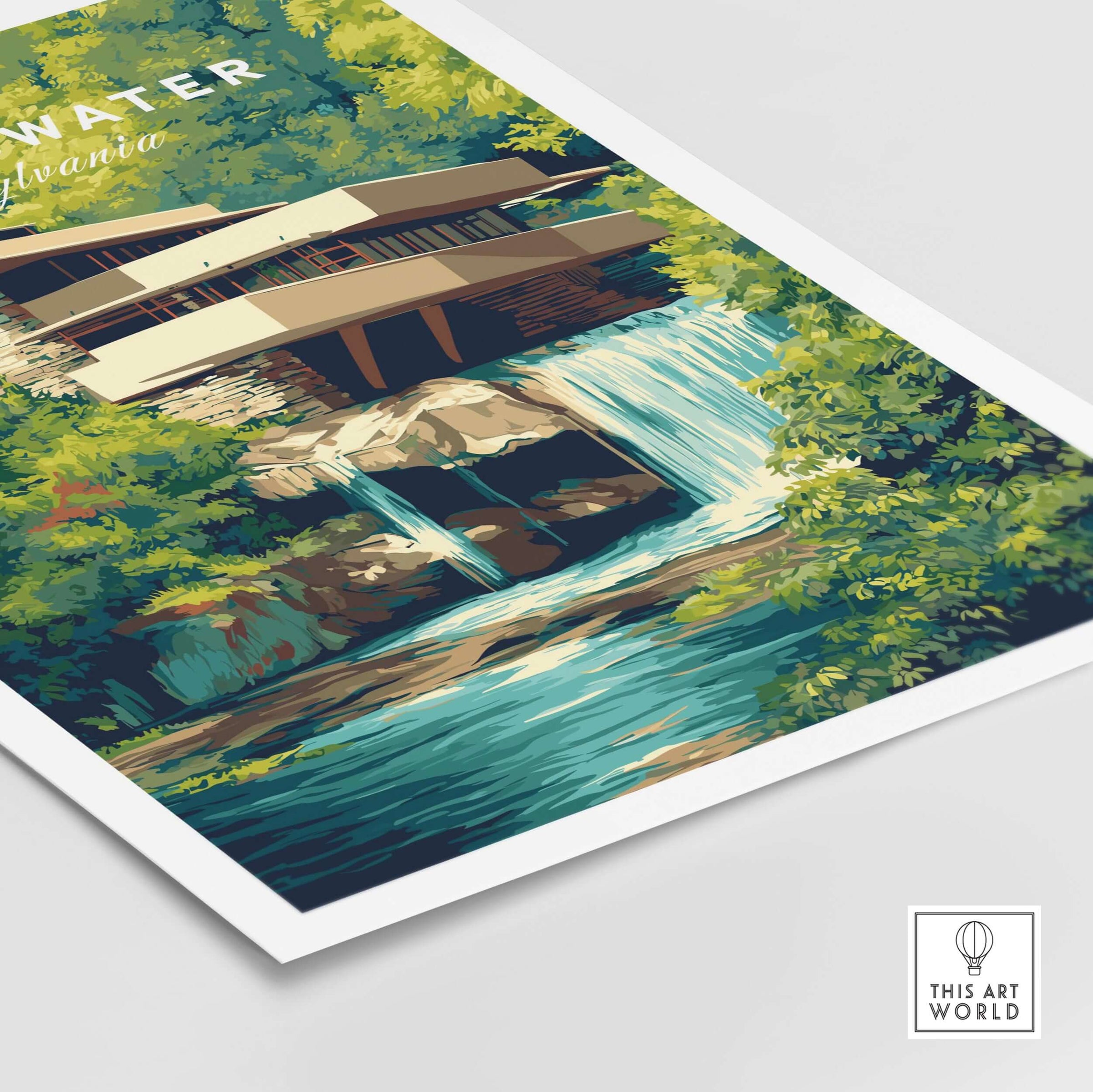 Fallingwater Mid-Century Modern House Print | Iconic Waterfall Poster showcasing Frank Lloyd Wright's design with a stunning waterfall.