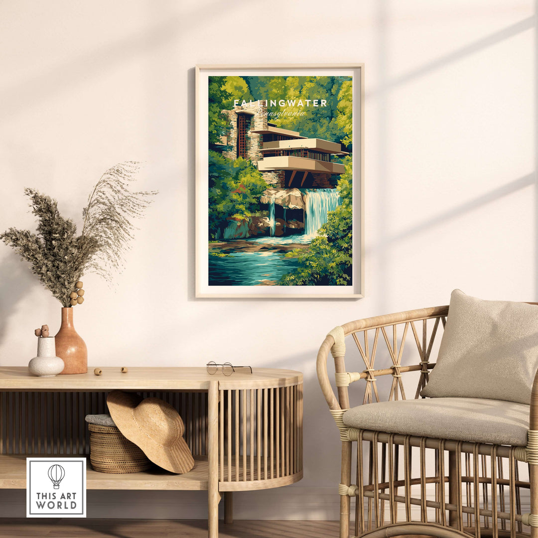 Fallingwater Mid-Century Modern House Print | Iconic Waterfall Poster showcased in a stylish living space.