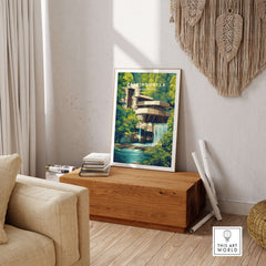 Fallingwater Mid-Century Modern House Print | Iconic Waterfall Poster displayed in a stylish living room setting.