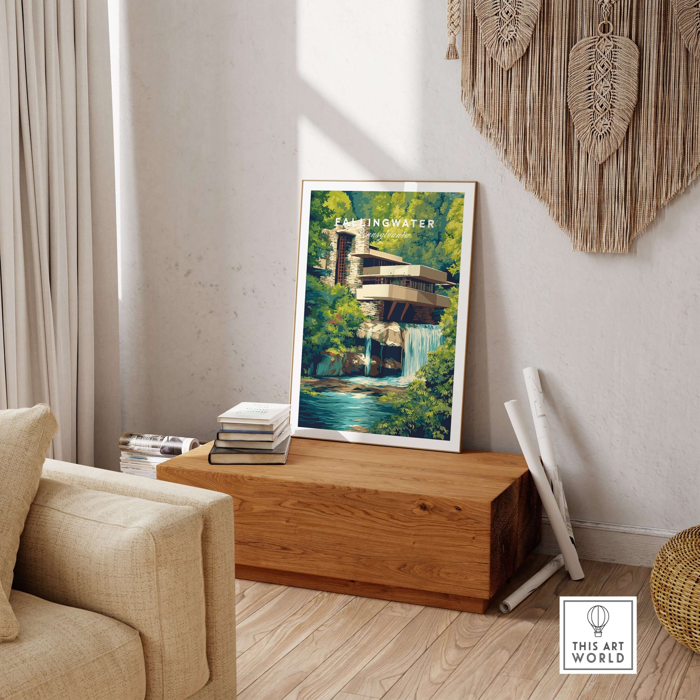 Fallingwater Mid-Century Modern House Print | Iconic Waterfall Poster displayed in a stylish living room setting.