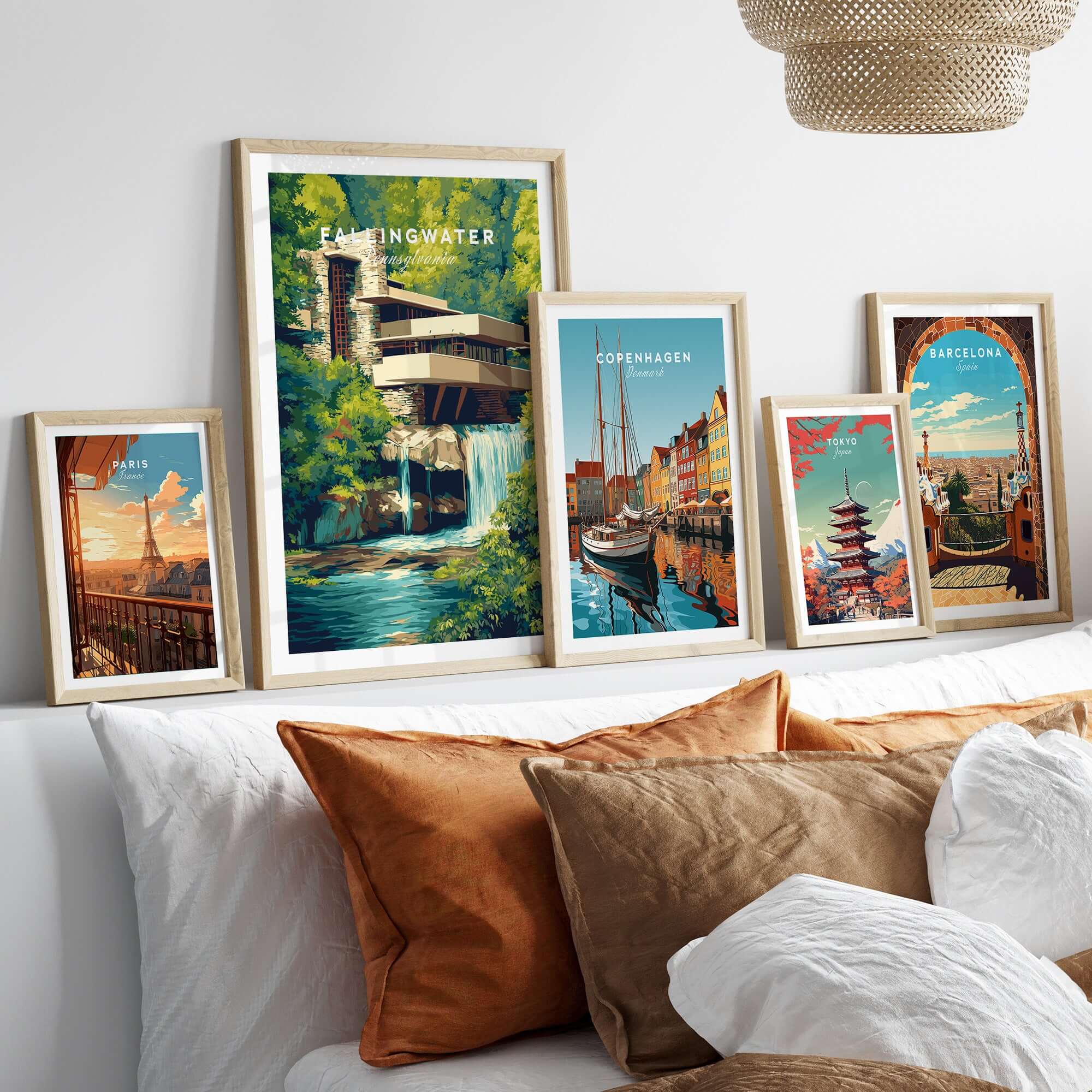 Fallingwater Mid-Century Modern House Print | Iconic Waterfall Poster displayed among other city prints on a cozy sofa.