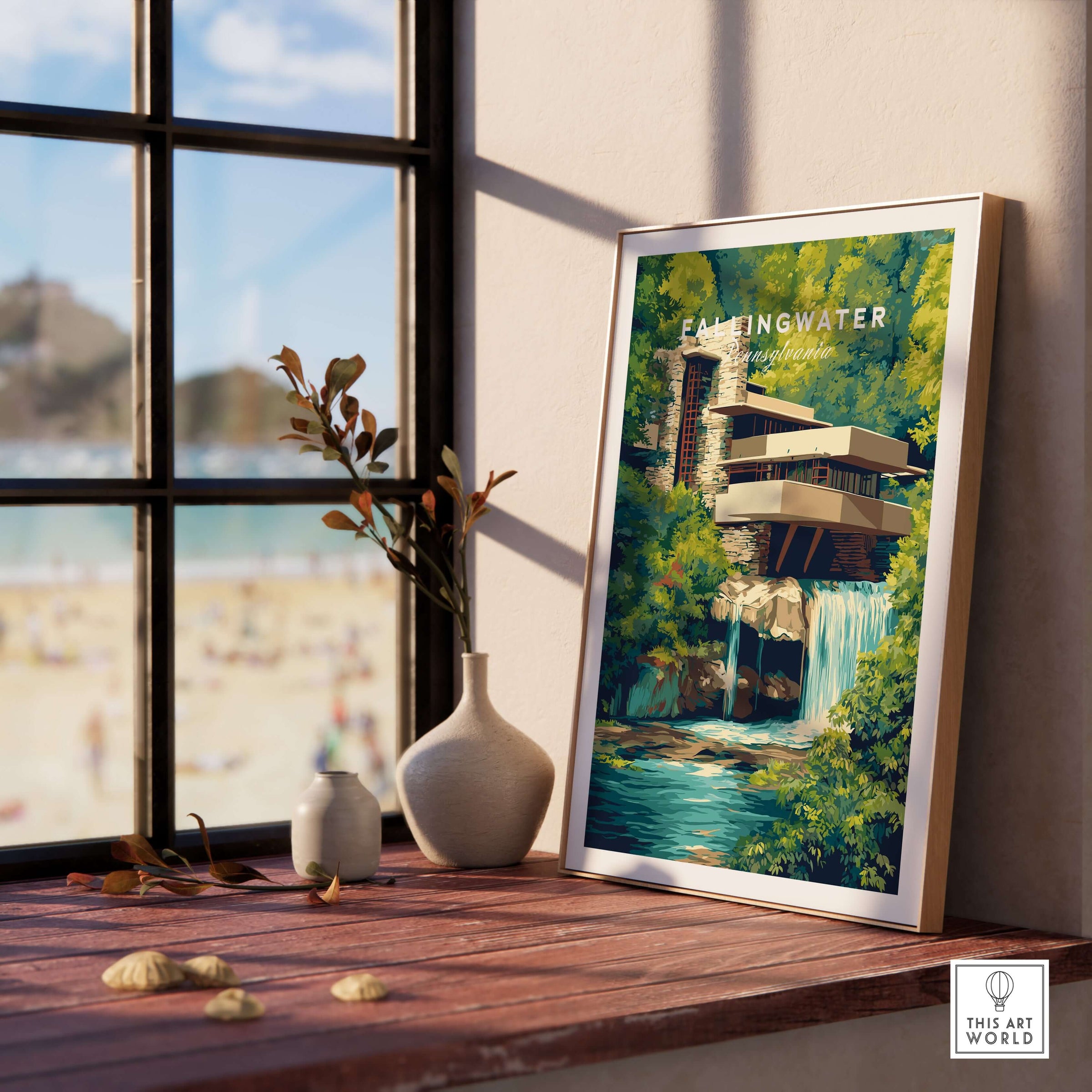 Fallingwater Mid-Century Modern House Print | Iconic Waterfall Poster displayed in a bright interior setting.