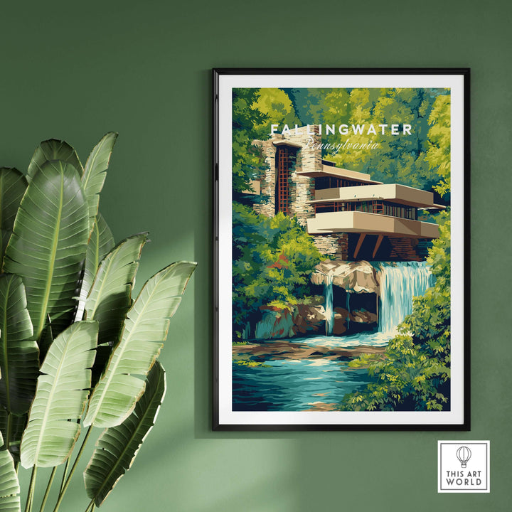 Fallingwater Mid-Century Modern House Print | Iconic Waterfall Poster displayed on a green wall with tropical plants.