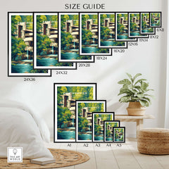 Fallingwater Mid-Century Modern House Print | Iconic Waterfall Poster size guide with various frame sizes displayed.