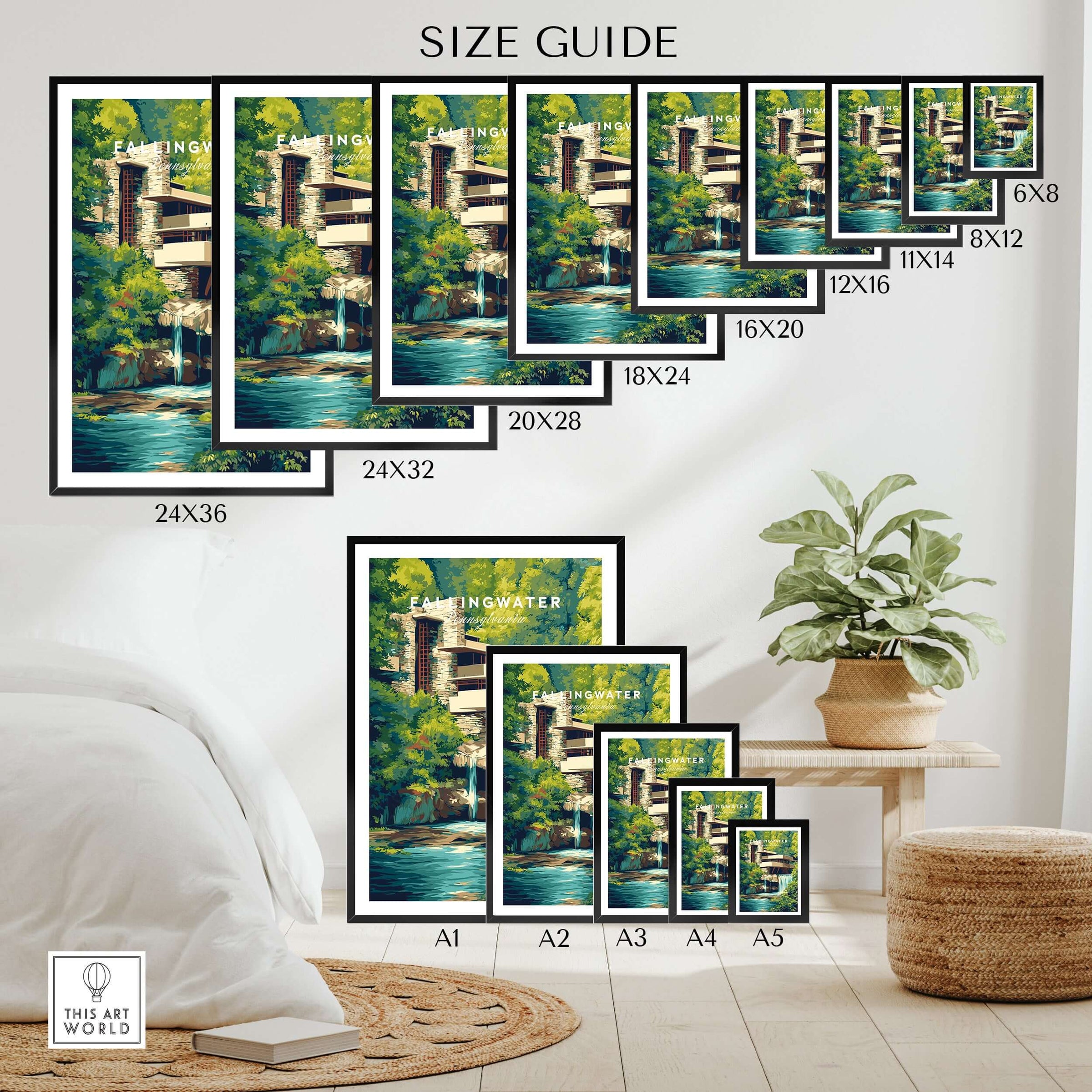 Fallingwater Mid-Century Modern House Print | Iconic Waterfall Poster size guide with various frame sizes displayed.
