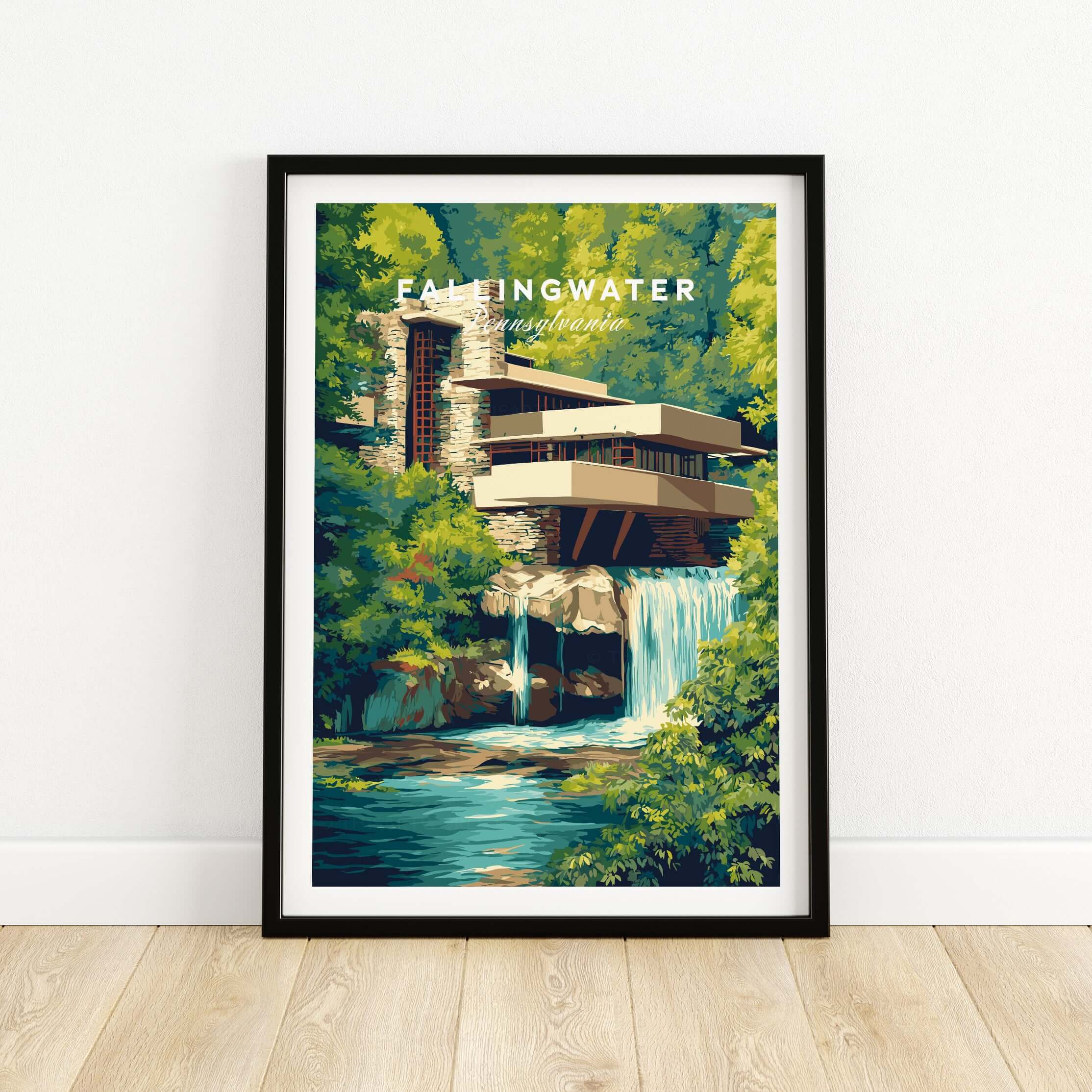 Fallingwater Mid-Century Modern House Print | Iconic Waterfall Poster featuring a stunning waterfall and lush greenery.
