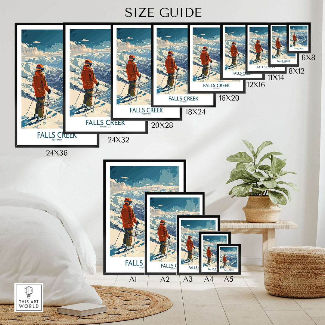 Falls Creek ski poster size guide featuring various dimensions, showcasing a snowy mountain scene with a skier in red.