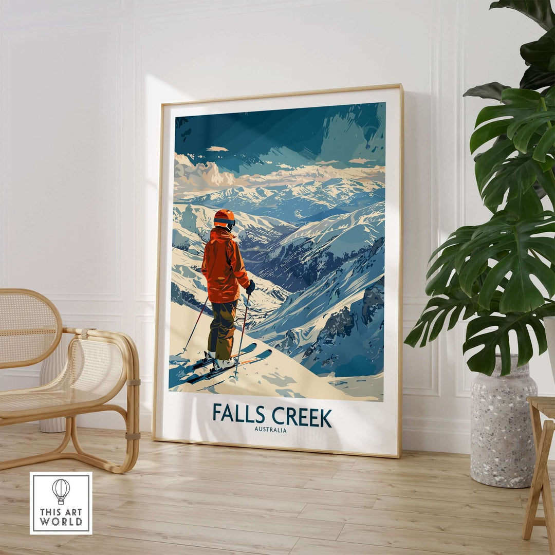 Ski Poster of Falls Creek, Australia featuring skier in red jacket on snowy mountain, perfect for winter sports decor.