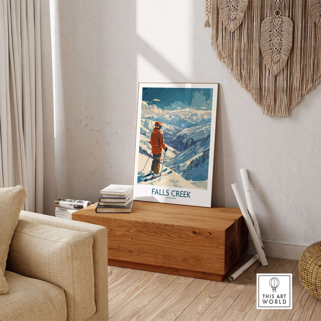 Falls Creek ski poster in modern room with rustic decor, showcasing Australian mountain scenery.