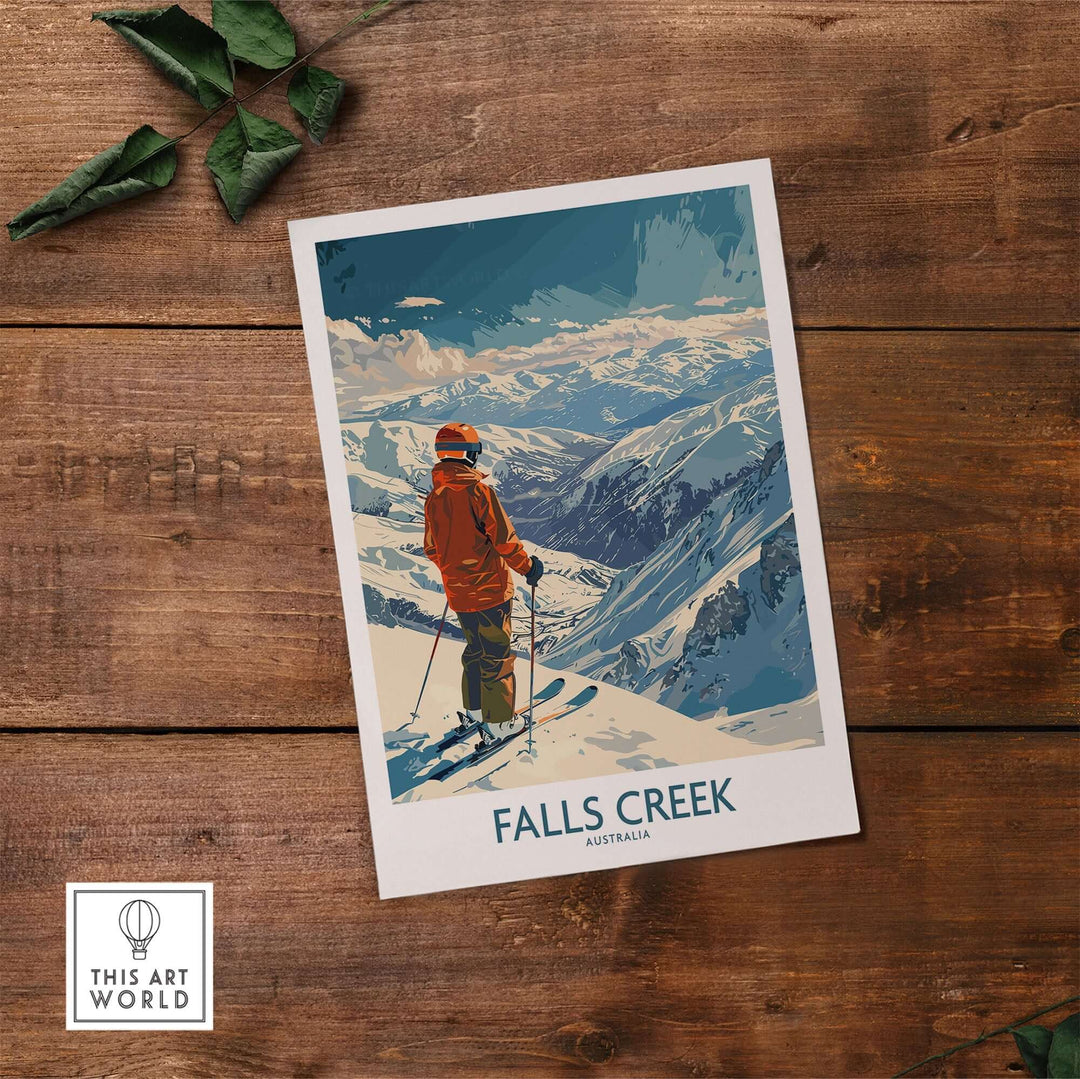 Falls Creek Australia ski poster on wooden surface featuring a skier overlooking snowy mountains.