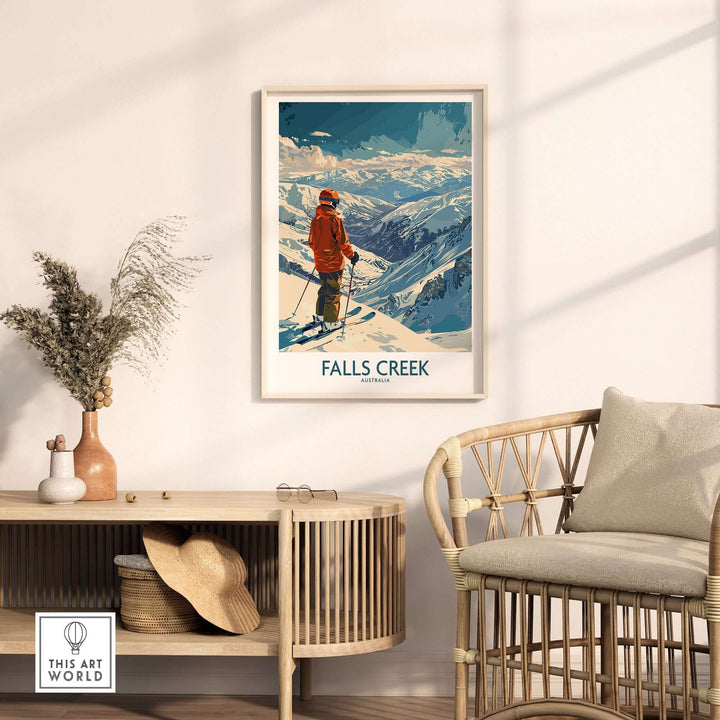 Falls Creek ski poster in cozy room setting, showcasing Australia’s snowy mountain landscape and skier in vibrant red jacket.