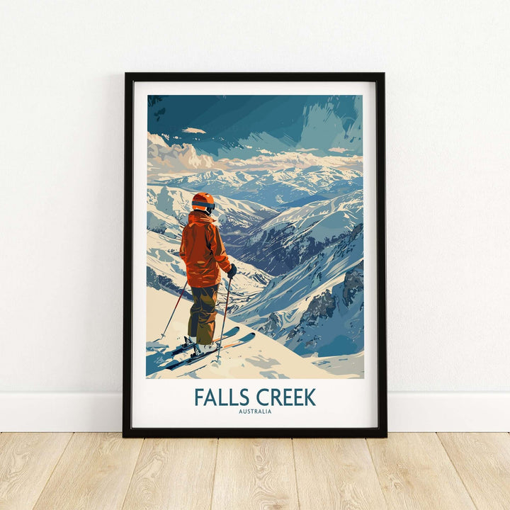 Falls Creek ski poster featuring a skier overlooking snowy mountains, capturing the beauty of Australia's ski slopes.