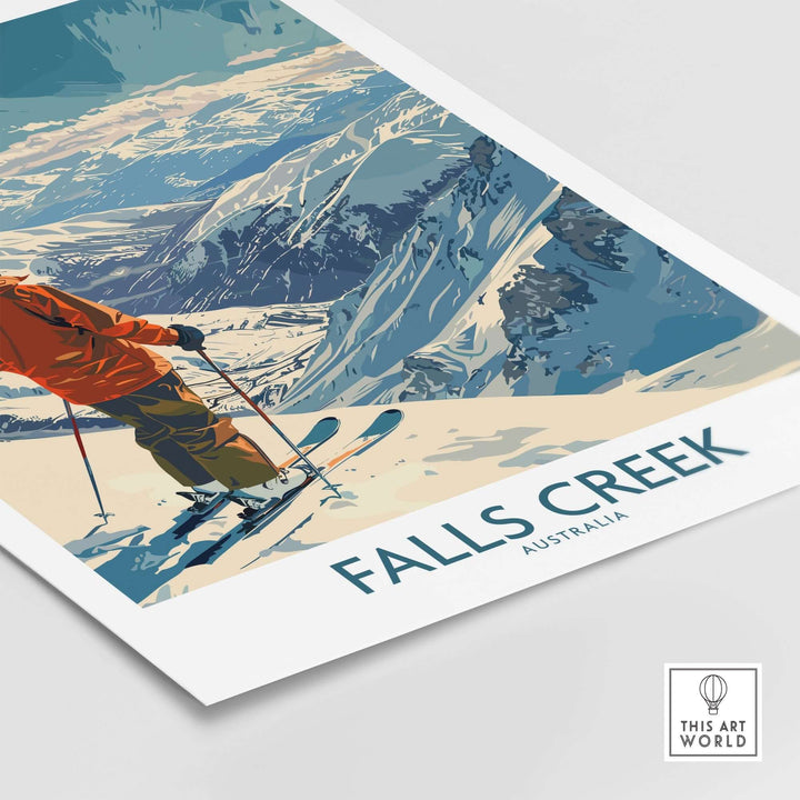 Falls Creek Australia ski poster featuring a skier overlooking snowy mountains, ideal for winter sports enthusiasts.