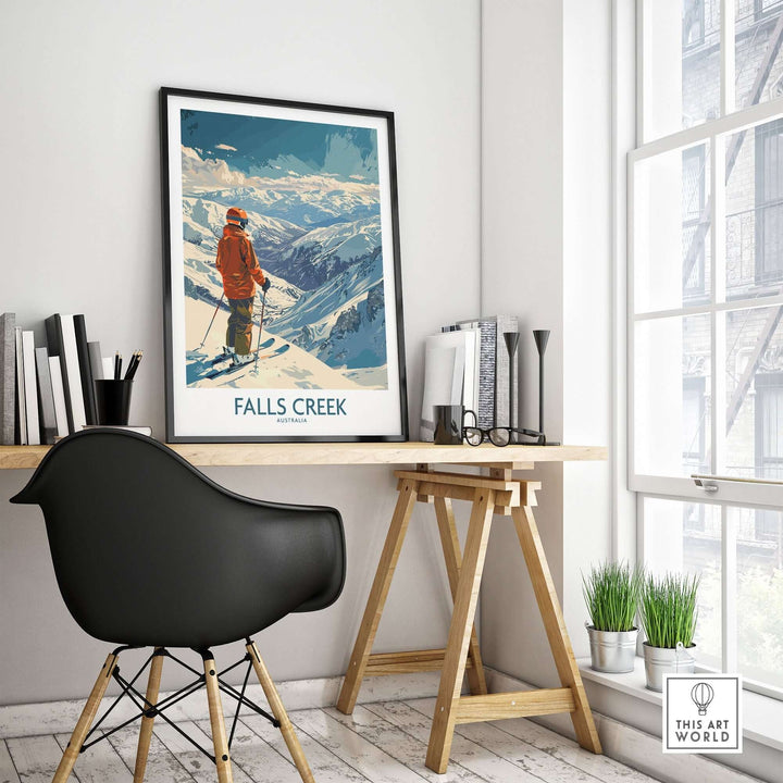 Modern interior with Falls Creek ski poster on desk, showcasing snowy mountains and skier, perfect for Australian ski lovers.