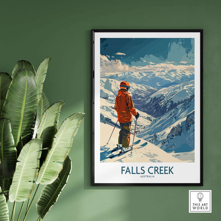 Falls Creek ski poster featuring a skier overlooking snowy Australian mountains, framed and displayed against a green wall.