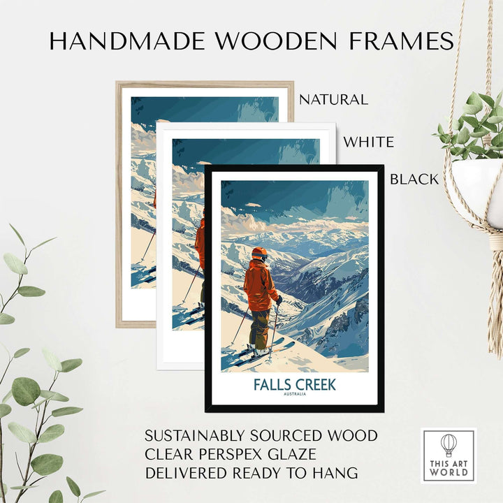 Falls Creek ski poster in handmade wooden frames, available in natural, white, and black, showcasing snowy Australian landscapes.