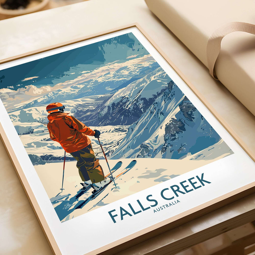 Ski poster of Falls Creek, Australia featuring a skier overlooking snowy mountains in a vibrant, scenic illustration.