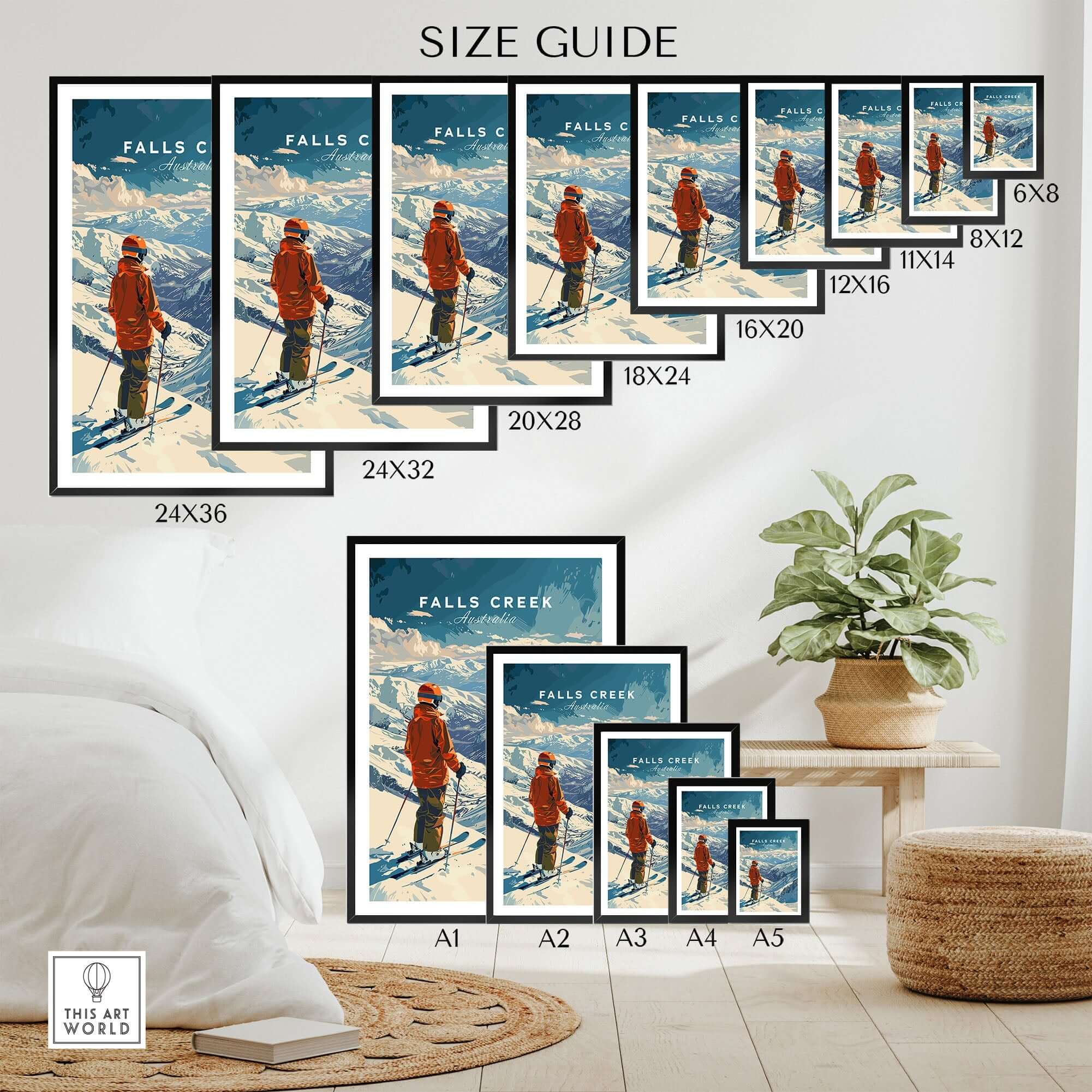 Falls Creek Print Australia ski poster size guide with various framed options displayed in a modern room.
