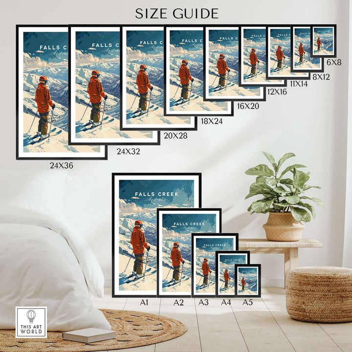 Falls Creek Print Australia ski poster size guide with various framed options displayed in a modern room.