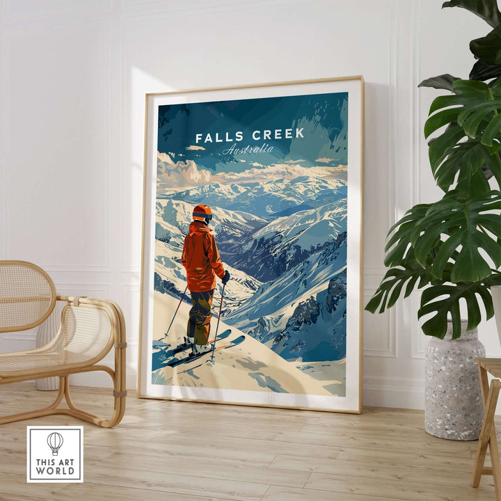 Ski poster of Falls Creek, Australia, featuring a skier in a red jacket on a snowy mountain landscape.