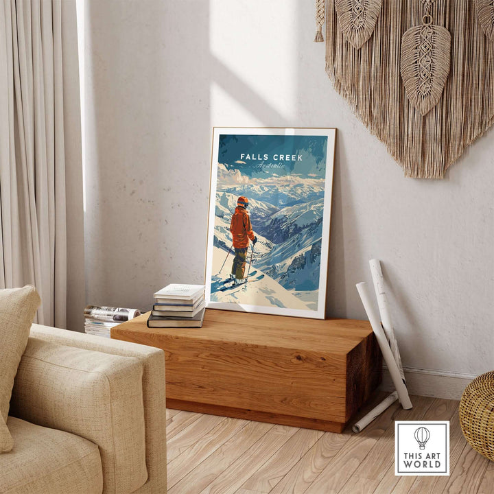 Falls Creek Print Australia ski poster displayed in a cozy living room setting, showcasing snowy mountain scenery.