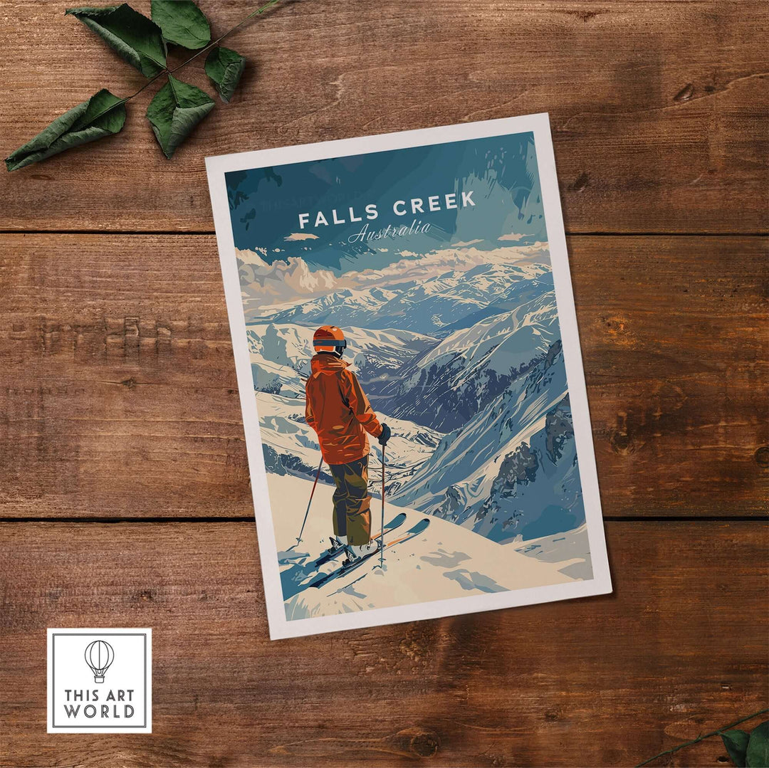 Ski poster featuring a skier overlooking snowy mountains at Falls Creek, Australia, on a wooden background with green leaves.