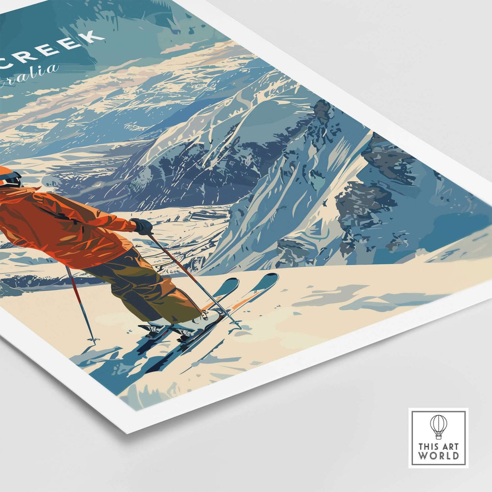 Skiing in Falls Creek Australia Poster with Snowy Mountain Scenery