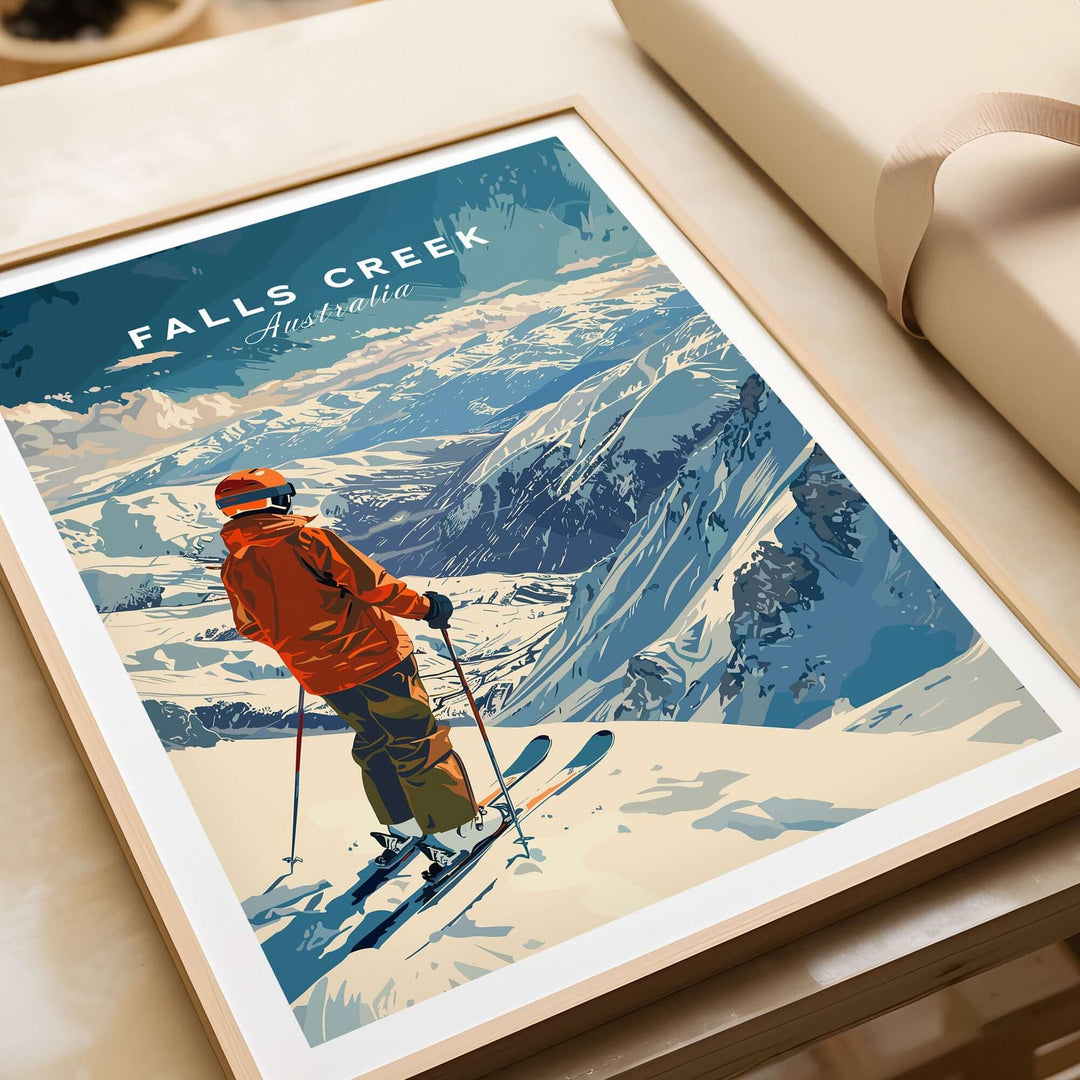 Vintage-style Falls Creek ski poster depicting a skier in orange against snowy Australian mountains.