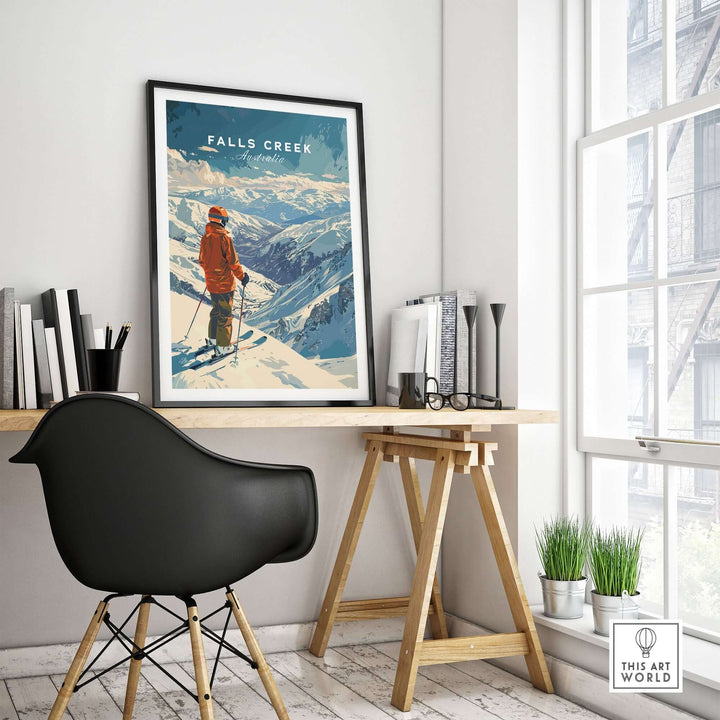 Falls Creek Print Australia ski poster displayed in a stylish room with modern decor and a large window.