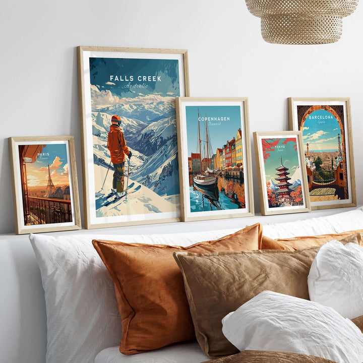 Falls Creek Australia ski poster displayed with other travel prints in stylish modern living room setting.