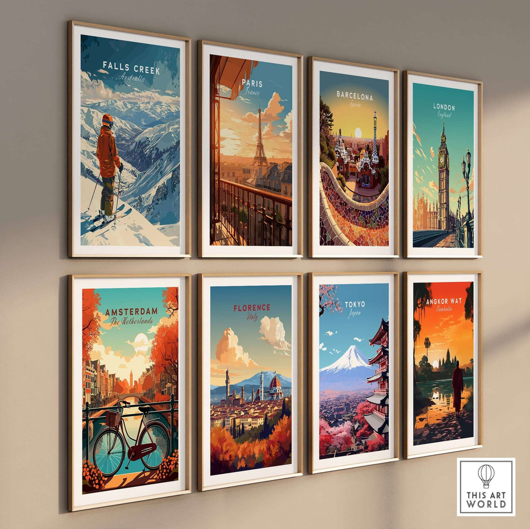 Vintage ski poster collection featuring Falls Creek, Paris, Barcelona, London, Amsterdam, Florence, Tokyo, and Angkor Wat prints.