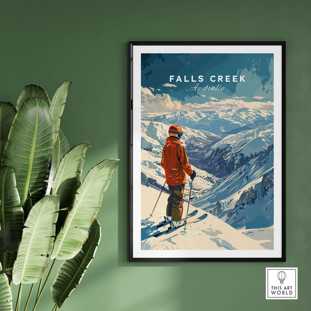 Vintage Falls Creek Australia ski poster featuring a skier on snowy mountains, framed and displayed on a green wall.