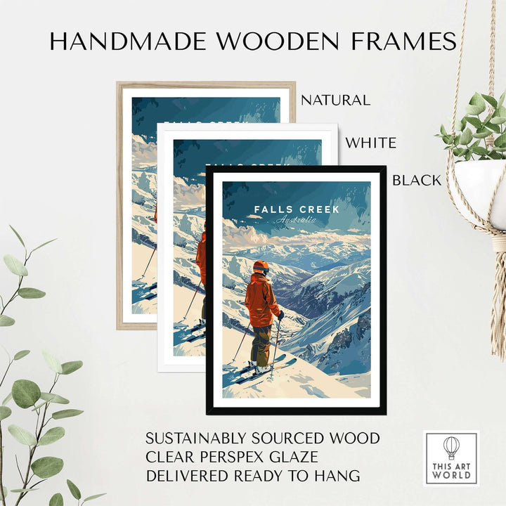 Falls Creek Australia ski poster in handmade frames, available in natural, white, and black. Sustainably sourced wood.