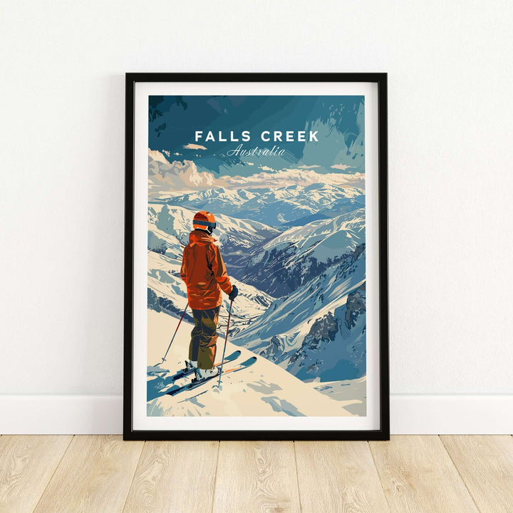 Falls Creek Australia ski poster featuring a skier overlooking snow-covered mountains.