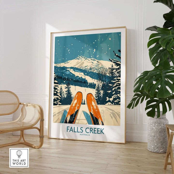 Falls Creek ski poster featuring snowy mountains, skis, and trees, showcased in a stylish room setting with natural decor.