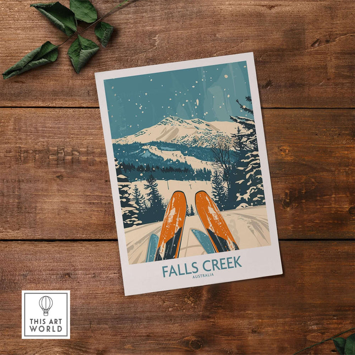 Vintage Falls Creek ski poster depicting snowy mountains and orange skis on rustic wood background, perfect for alpine decor.