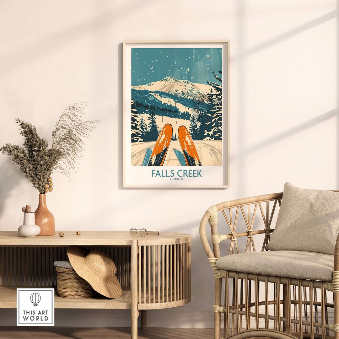 Falls Creek Ski Poster displayed in a cozy room, featuring snowy mountains and skis, perfect for winter sports enthusiasts.