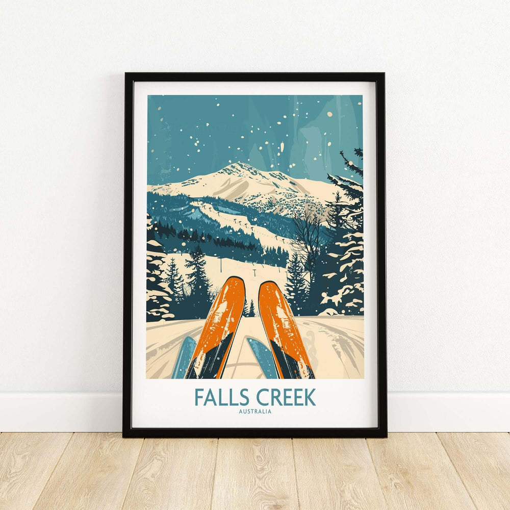 Vintage Falls Creek ski poster in frame, featuring snowy mountains and skis, perfect for ski enthusiasts and home decor.