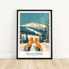 Vintage Falls Creek ski poster in frame, featuring snowy mountains and skis, perfect for ski enthusiasts and home decor.