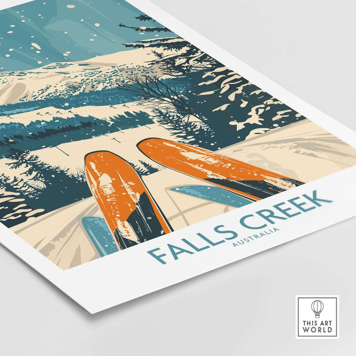 Vintage-style Falls Creek ski poster showcasing a snowy landscape with skis, perfect for winter sports enthusiasts and decor lovers.