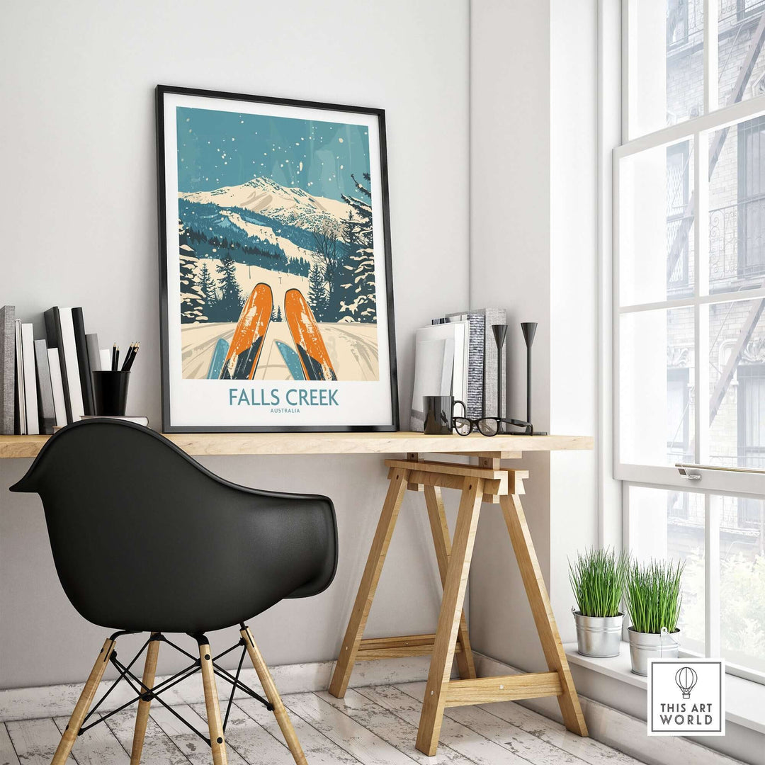 Falls Creek ski poster displayed in a modern room with large window and sleek decor, showcasing a snowy mountain scene.