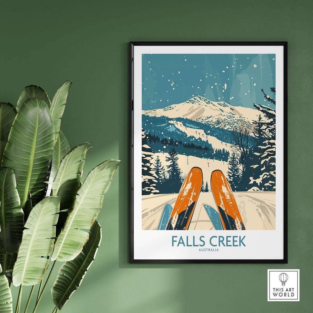 Scenic Falls Creek ski poster depicting snow-covered mountains and skis, perfect for winter sports enthusiasts and home decor.