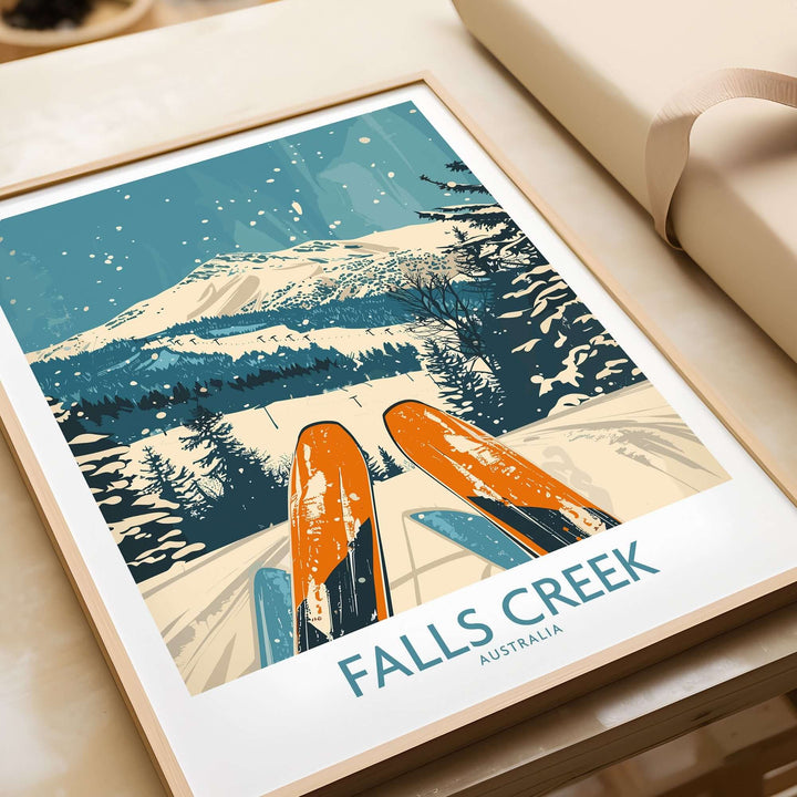 Retro-style Falls Creek ski poster featuring vibrant illustration of snowy mountains and skis in foreground. Perfect for ski enthusiasts.