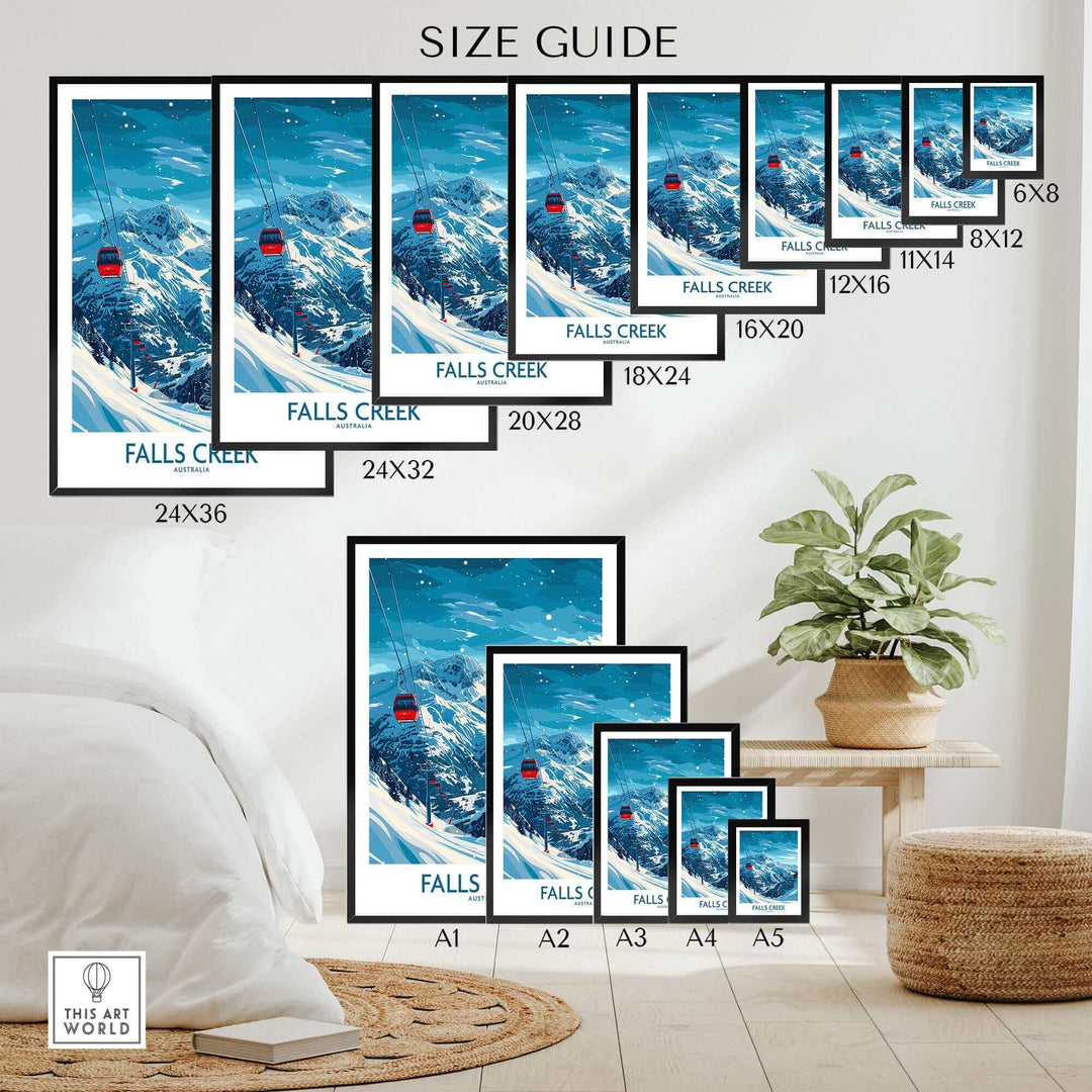 Size guide showcasing various dimensions for Falls Creek Ski Print wall art in a cozy living room setting.